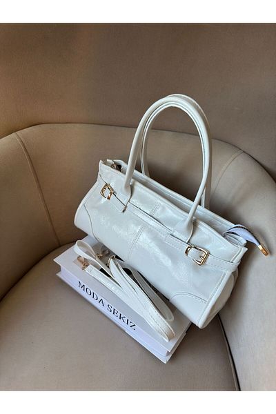 Moda Sekiz Women's Patent Leather Baguette Handbag and Shoulder Bag with Belt Accessory Detail on the Sides