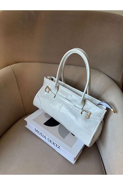 Moda Sekiz Women's Patent Leather Baguette Handbag and Shoulder Bag with Belt Accessory Detail on the Sides