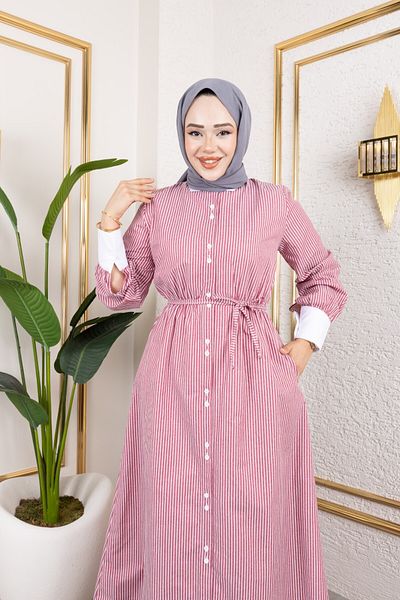 Eliva Women's Fuchsia Long White Striped Girdle Belted Evening Dress Hijab Dress
