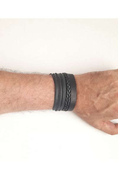 BSN Store Plain Design 3-Piece Genuine Leather Men's Bracelet
