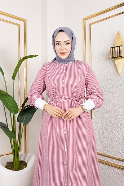 Eliva Women's Fuchsia Long White Striped Girdle Belted Evening Dress Hijab Dress