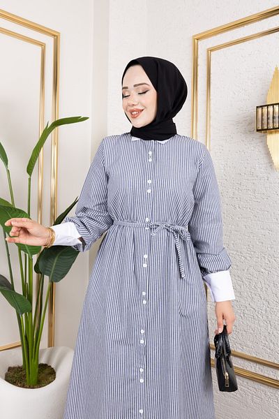 Eliva Women's Black Long White Striped Girdle Belted Evening Dress Hijab Dress