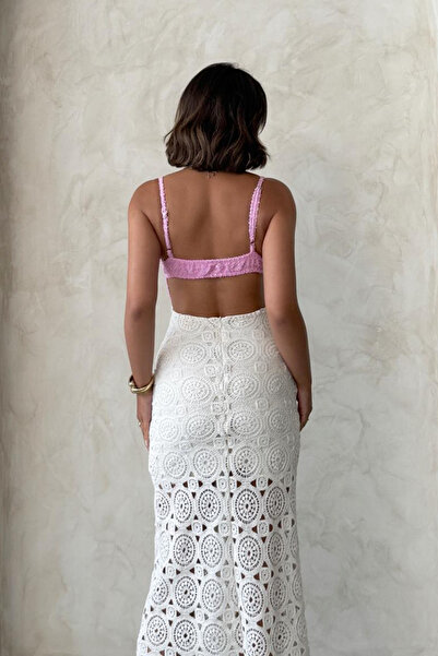 Dolcha Rosetta Kadın Pembe Kot Detaylı Dantel Elbise – Zarif Yazlık Şıklık