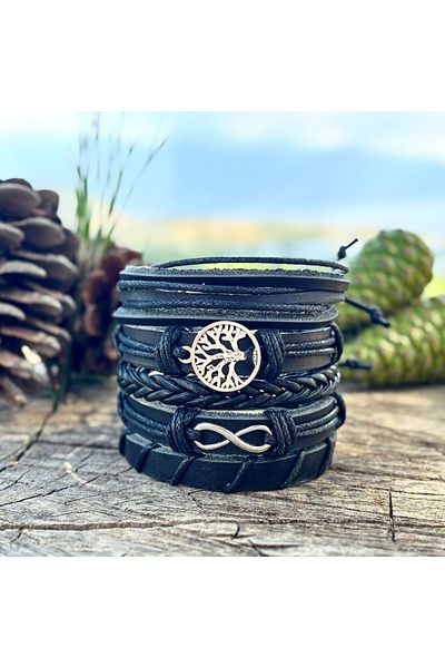 BSN Store Eternity and Tree of Life Design 5-Piece Genuine Leather Men's Bracelet