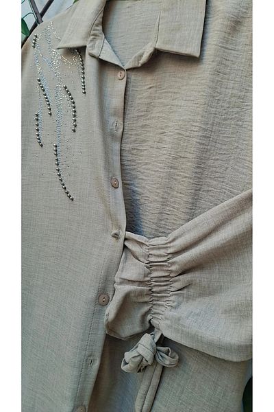 MODA Stone Colored Sleeve Lace Detailed Collar Stone Tunic