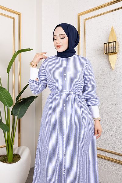Eliva Women's Long White Striped Girdle Belted Evening Dress Hijab Dress