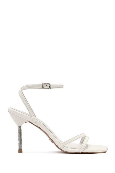 Derimod Women's White Ankle Buckle Stone Thin Heeled Patent Leather Sandals 25Sfe391416