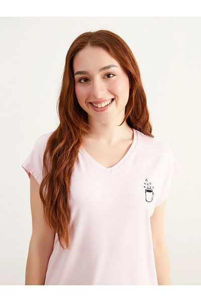 LC Waikiki Lcw Dream Pink Petite V-Neck Printed Women's Capri Pajama Set