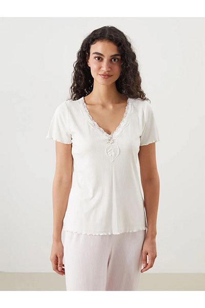 LC Waikiki Lcw Dream Pink V-Neck Lace Detail Women's Pajamas Set