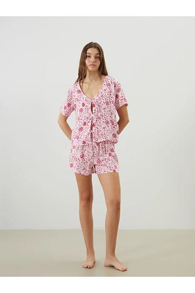LC Waikiki Lcw Dream Ecru V-Neck Floral Women's Shorts Pajama Set
