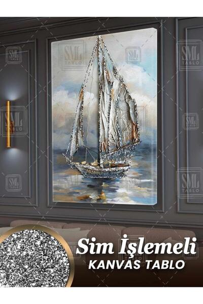 SML TABLO Sim İşlemeli Yağlı Boya Efektli Gemi Yelkenli Deniz Doğa Manzara Pı...