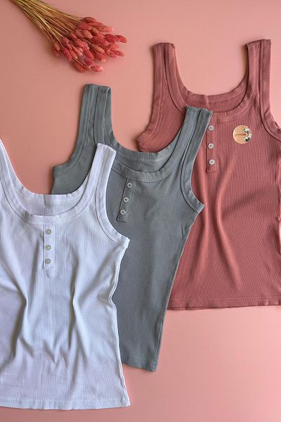 VicTroy Seta Bianca |   Set de tricou și maiouri pentru femei, din bumbac, albastru, alb și Dusty Rose, cu detaliu de nasturi din 3 piese