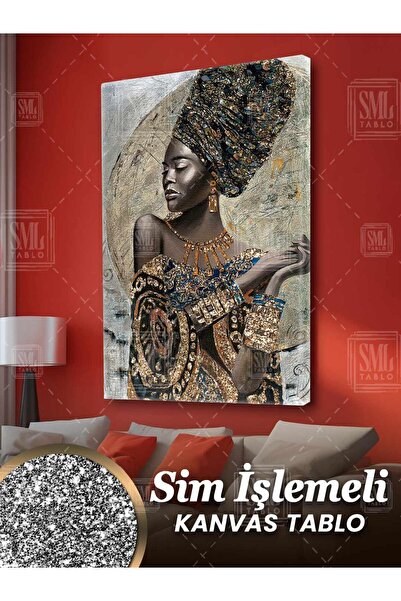 SML TABLO Sim İşlemeli Afrikalı Kadın Altın Pırıltılı Kolye African Woman Sim...