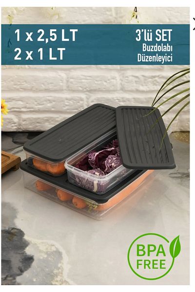 Hane216 Anthracite 3-Piece Storage Container with Lid, Refrigerator Organizer Suitable for Microwave and Freeze 4.5Lt