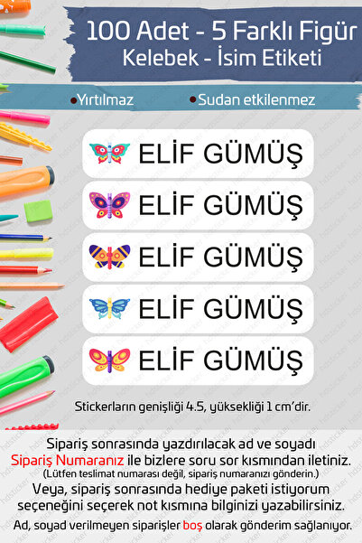 hdsticker 100 Adet Kelebek İsme Özel Okul Etiketi Kalem Defter Özel İsim Yazı...