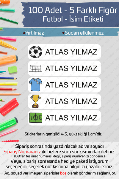 hdsticker 100 Adet Futbol İsme Özel Okul Etiketi Kalem Defter Özel İsim Yazıl...