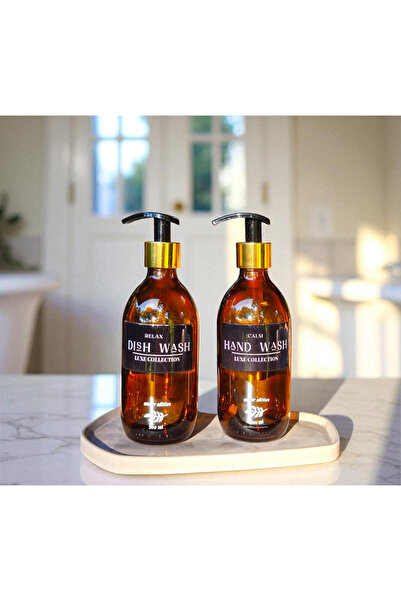 Home 2’li Amber Cam Sıvı Sabun ve Bulaşık Deterjanı Seti Beton Stantlı