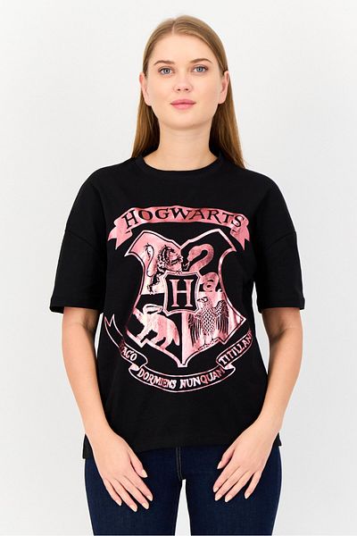 Harry Potter Women Crew Neck Short Sleeves Graphic Print T-shirt, Black