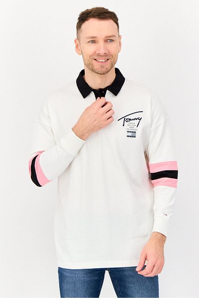 Tommy Jeans Men Oversized Fit Brand Logo Long Sleeves Polo Shirt, Off-White
