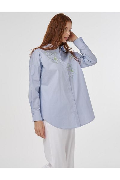 Kayra Cotton Tunic Blue with Embroidery Detail