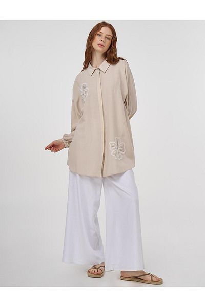Kayra Embroidered Viscose Linen Tunic Cream