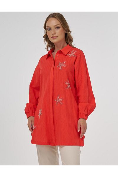 Kayra Beaded Cotton Tunic Coral