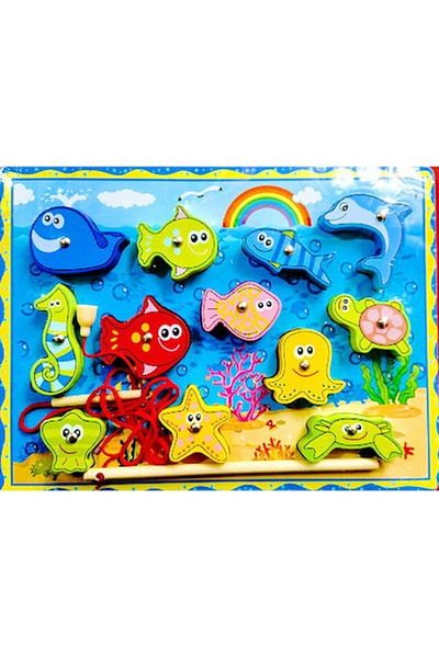 Puzzle Fishing game with magnet, threading game, puzzle inset, Montessori, wooden, 3 in 1, 3+ years
