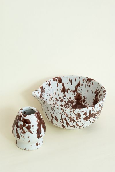 Beige & Stone Ceramic Glossy Brown Speckled Matcha Bowl and Whisk Holder Set