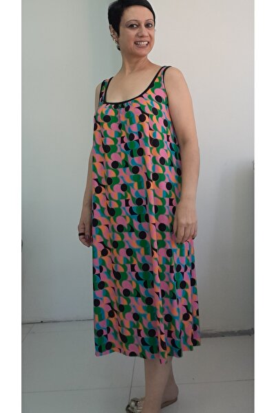 Mertcan Butik Multicolor Front and Back Gathered Strap Combed Viscose Dress