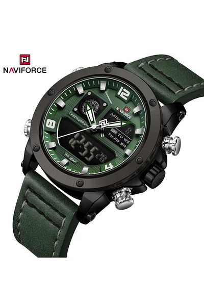 Naviforce Stylish Mens Dual Time Chronograph Watch with Green Dial Leather Strap Analog Digital Display
