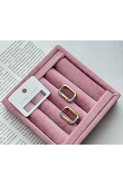 CA SHOPPİNG Golden Rectangular Stone Steel Anti-Tarnish Earrings