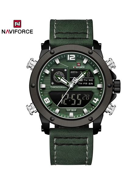 Naviforce Stylish Mens Dual Time Chronograph Watch with Green Dial Leather Strap Analog Digital Display