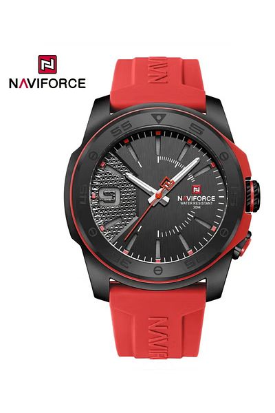 Naviforce Bold Red & Black Silicone Strap Watch – 43mm Quartz, Water Resistant