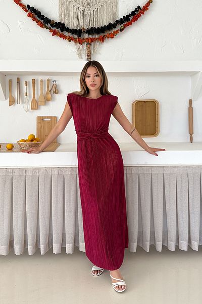 MİROR Women's Burgundy Pleated Midi Length Dress with Tie Detail