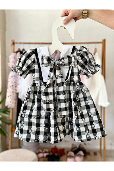 BİHAYALBİÇOCUK Arkadan Bağlamalı Siyah Ekoseli Papatyalı Elbise
