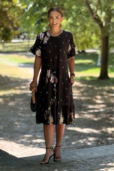 Nevin Kaya Moda Black Rose Print Dress with Ruffled Skirts