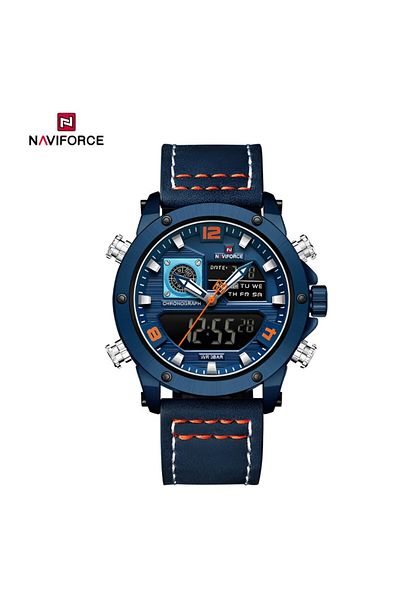 Naviforce Men's Dual Time Chronograph Watch – Leather Strap, Analog-Digital, 30M Water Resistant