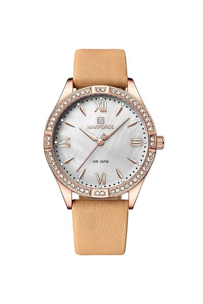 Naviforce Elegant Rose Gold Women's Watch –analog, Crystal Bezel, Brown Leather Strap