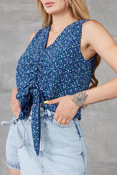 NEW LAVİVA Жіноча блузка з шифону з підкладкою, з індіго, з рюшами та зав'язками