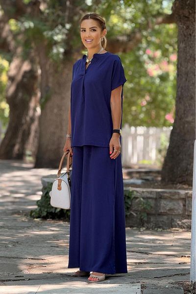 Nevin Kaya Moda Navy Blue Mini Patched Palazzo Suit