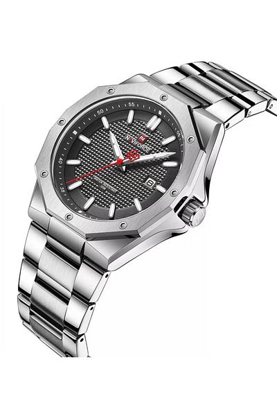 Naviforce Stylish Mens Quartz Watch with Black Dial Stainless Steel Strap Analog Display Water Resistant 43mm