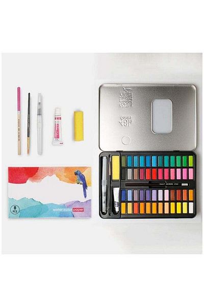 COOYA Solid Watercolor, 48 Colors Solid Watercolor Paints, Pigment Drawing Set with Water Brush Sponge .