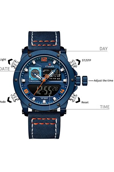 Naviforce Men's Dual Time Chronograph Watch – Leather Strap, Analog-Digital, 30M Water Resistant