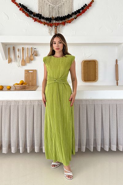 MİROR Women's Pistachio Green Pleated Midi Length Dress with Tie Detail