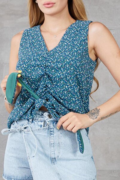 NEW LAVİVA Bluză din șifon căptușită pentru femei, cu flori crocante, cu șnur