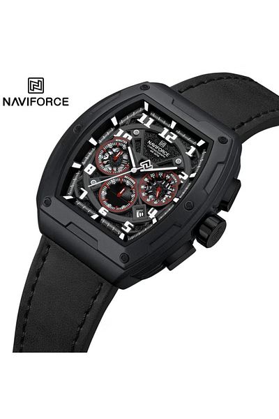 Naviforce Men’s Modern Chronograph Watch – 46mm Square Case, Leather Strap, Luminous Display, Water Resistant