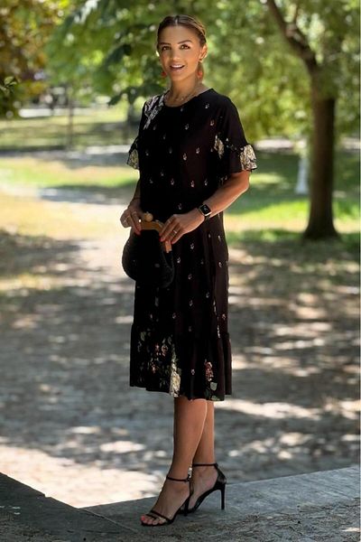 Nevin Kaya Moda Black Rose Print Dress with Ruffled Skirts