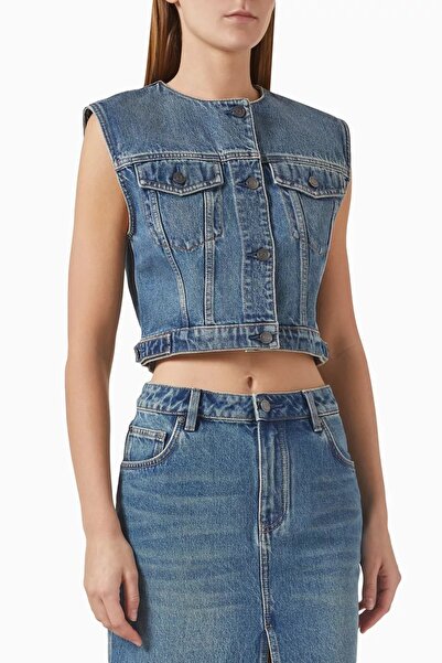 12storeez Cropped Denim Women's Vest, Adjustable Belt and Button Design