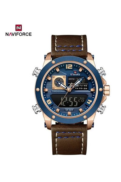 Naviforce Men's Dual Time Chronograph Watch – Leather Strap, Analog-Digital, 30M Water Resistant
