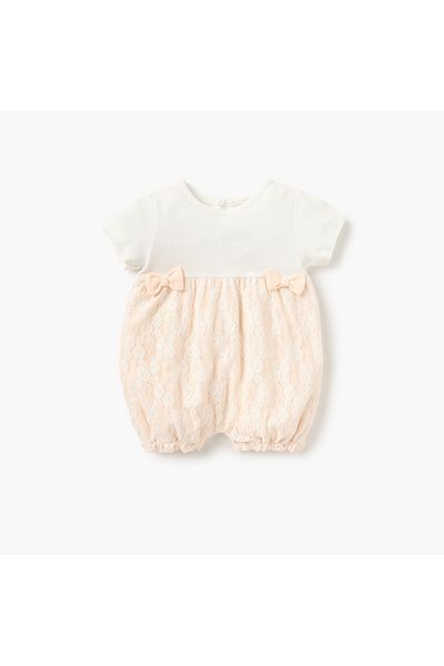giggles Textured Romper with Short Sleeves and Button Closure